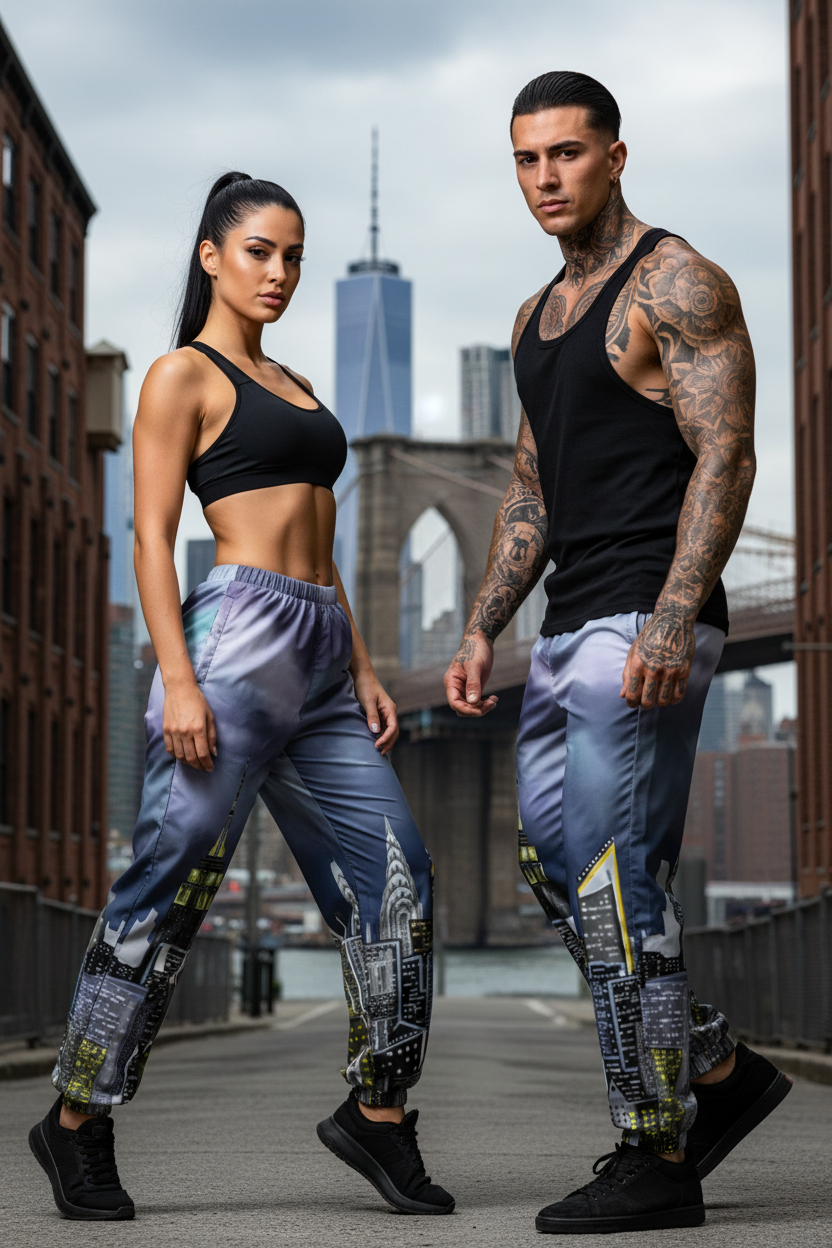 Two people in Loria NYC Art athletic wear standing on a bridge with a city skyline in the background