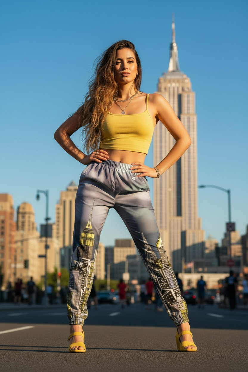 Woman wearing Loria NYC Art pants posing in front of the Empire State Building with a cityscape background