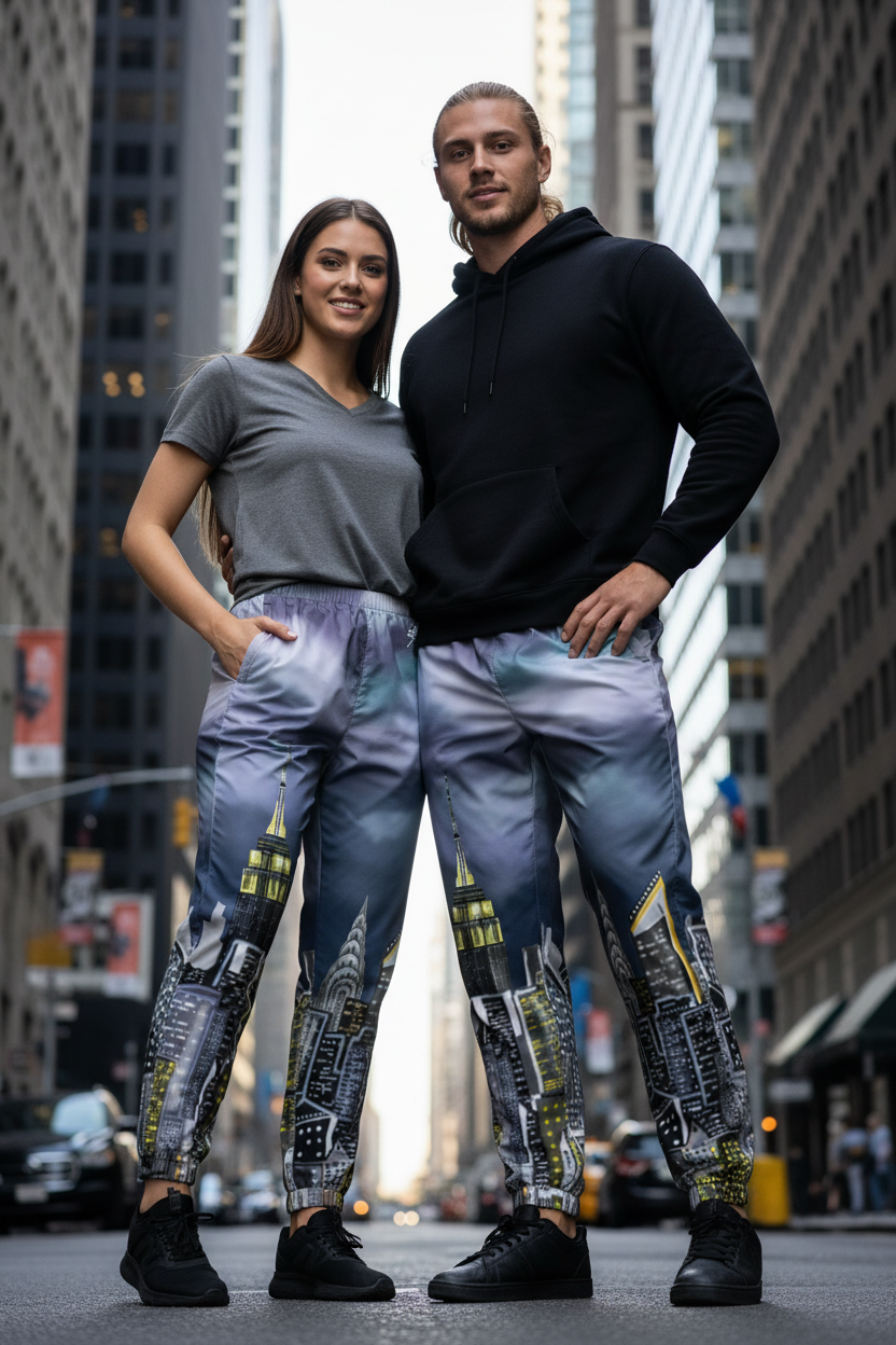 Two people wearing matching pants with cityscape Loria NYC Art design on a city street.
