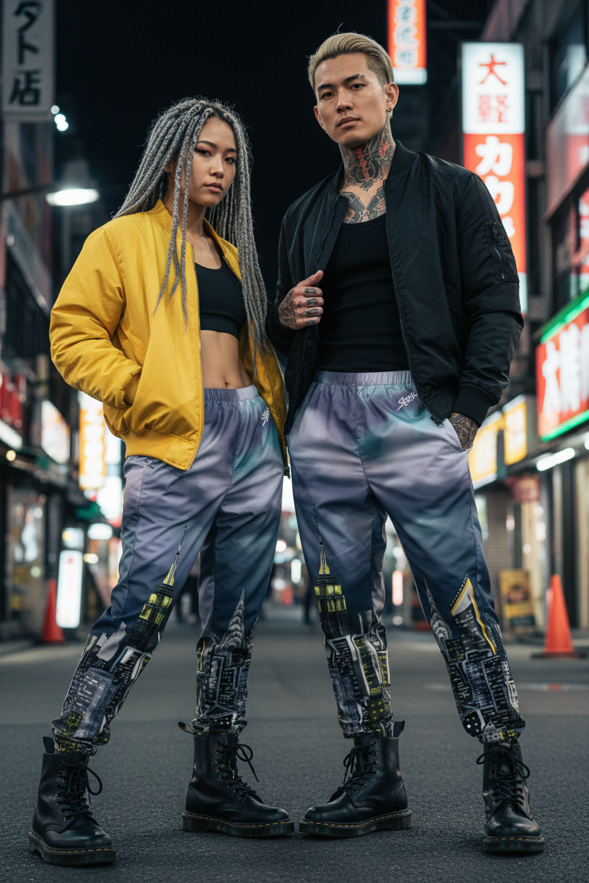 Two wearing Loria NYC Art pants standing on a street at night with neon signs in the background