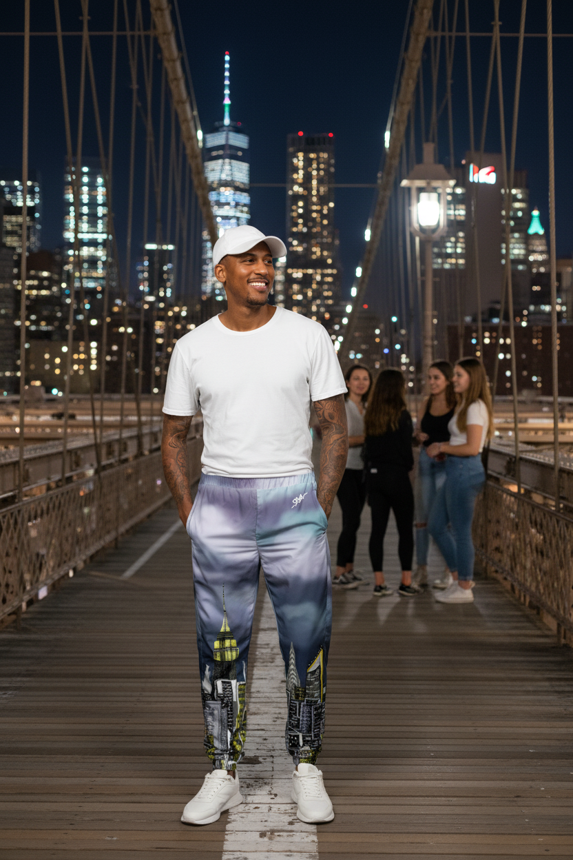 Person wearing a white t-shirt and Loria NYC Art colorful pants with cityscape design on a bridge 