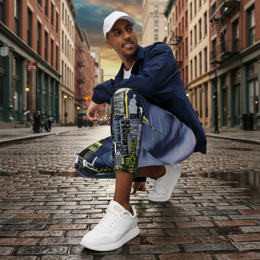 Man wearing a blue jacket, graphic Loria NYC Art pants, and white sneakers on a urban background