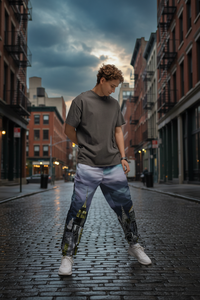 Person wearing a gray t-shirt and Loria NYC Art colorful pants with a cityscape design on a urban background