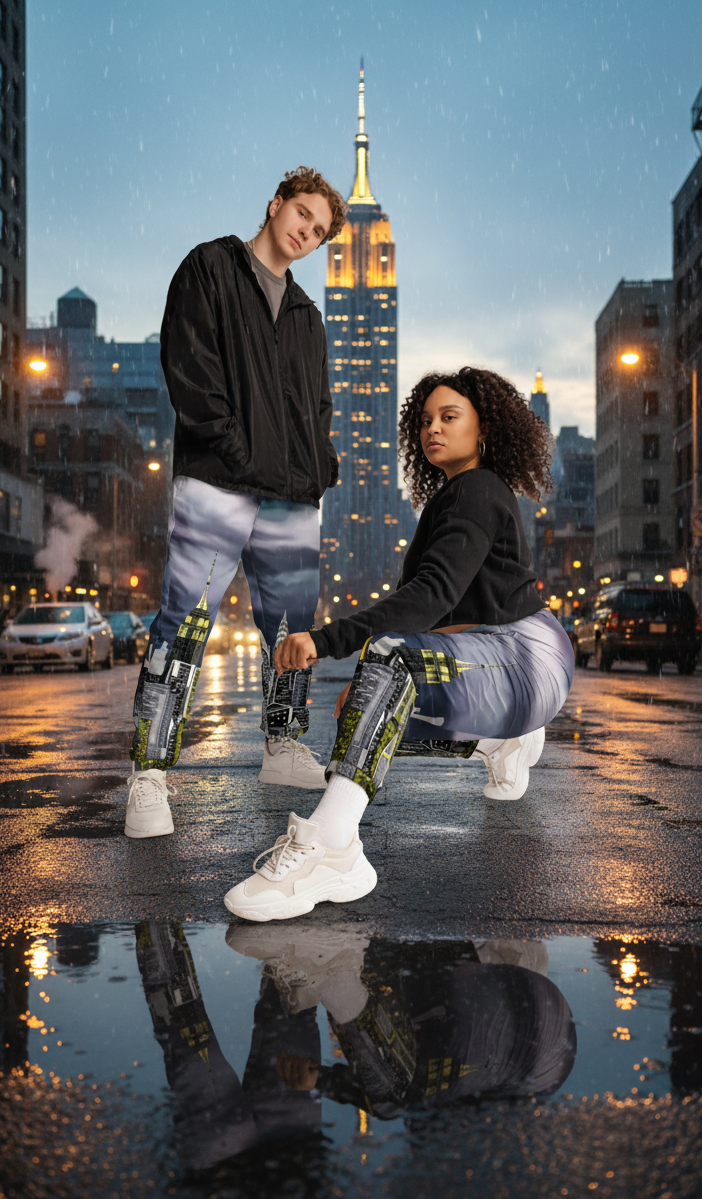 Two people wearing colorful pants with Loria NYC Art cityscape designs on a white background