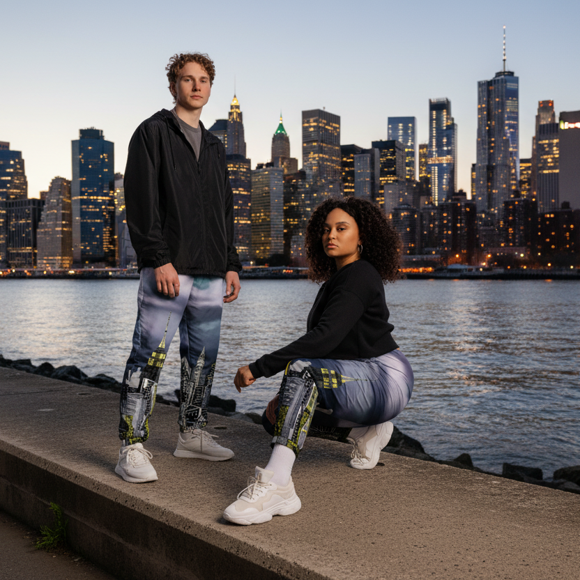 Two people wearing blue Loria NYC Art track pants on a pier with a city skyline and water in the background