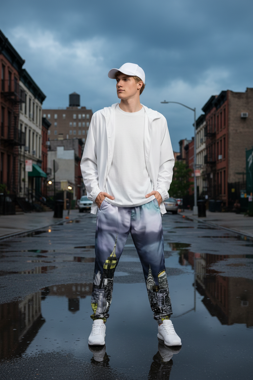 Person wearing a white hoodie and cityscape Loria NYC Art pants on a urban background