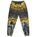 Pants with Loria NYC Art cityscape design featuring skyscrapers and a sunset, on a white background.
