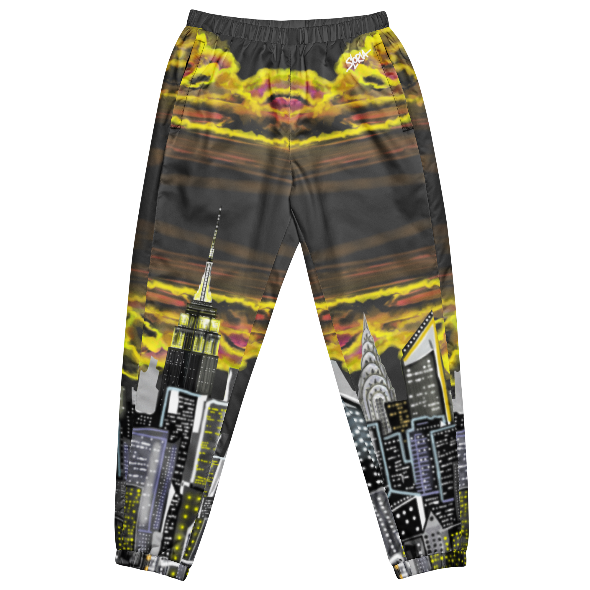 Pants with Loria NYC Art cityscape design featuring skyscrapers and a sunset, on a white background.