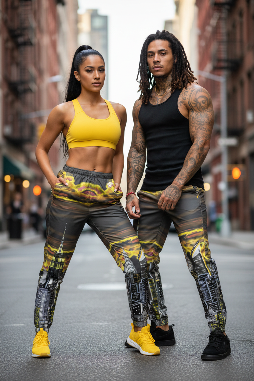 Two people wearing matching Loria NYC Art athletic outfits on a city street.