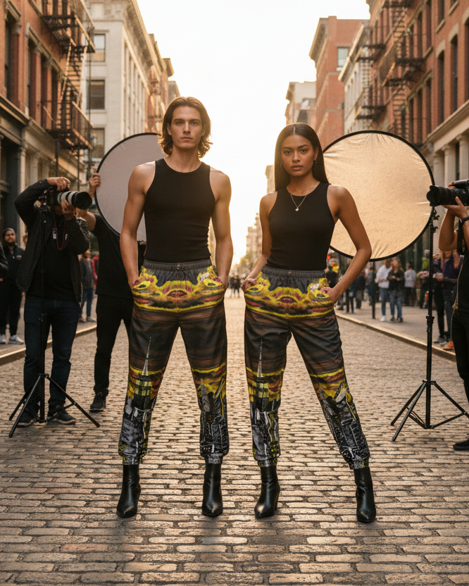 Two models in colorful Loria NYC Art pants standing on a city street with photographers and equipment around.