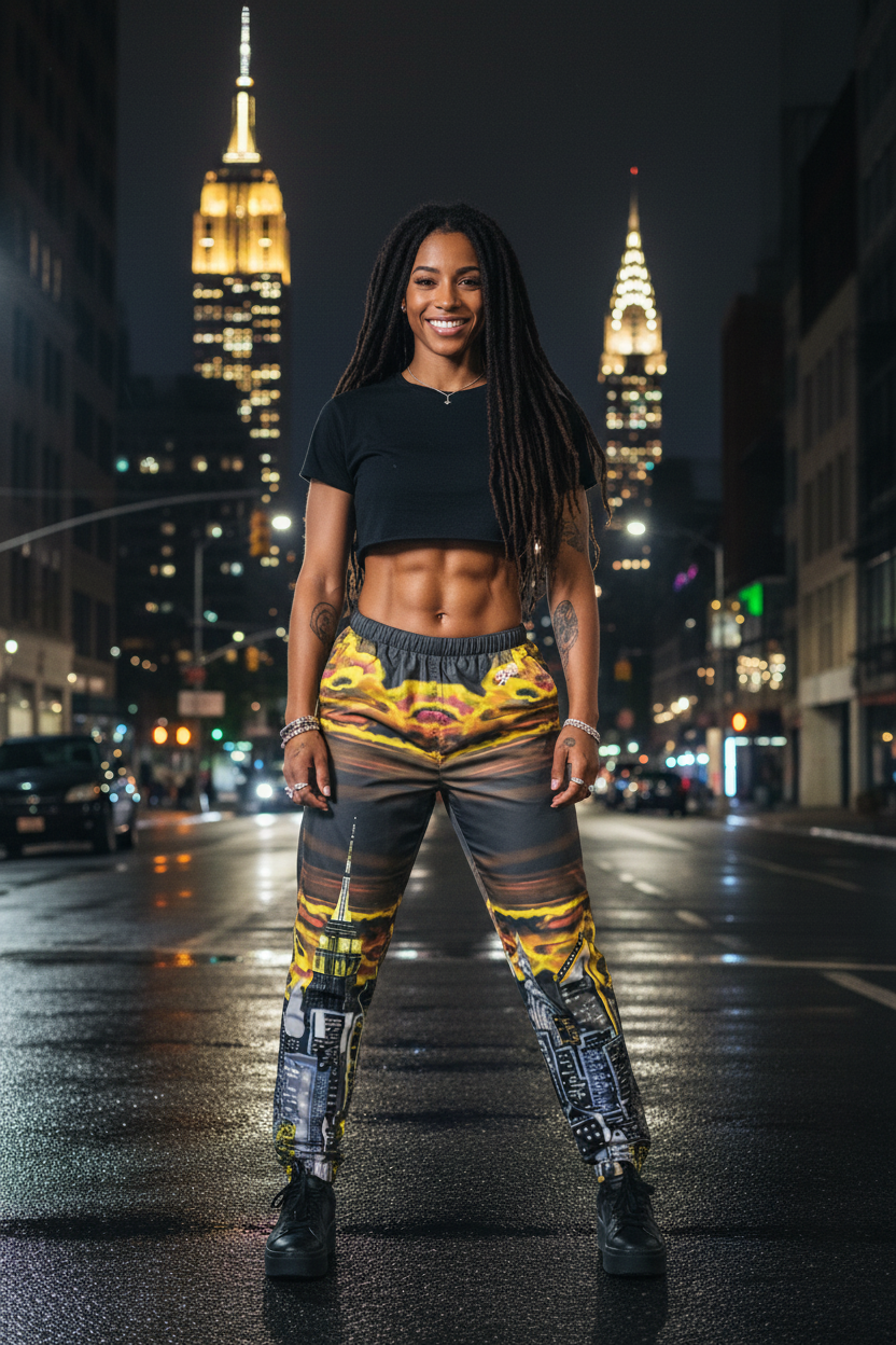 Person in Loria NYC Art athletic wear standing on a city street at night with illuminated skyscrapers in the background