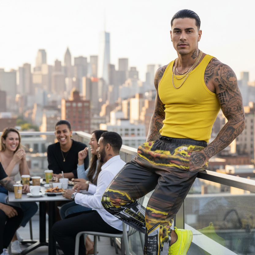 Man in yellow tank top and Loria NYC Art pants sitting on a rooftop with a city skyline in the background
