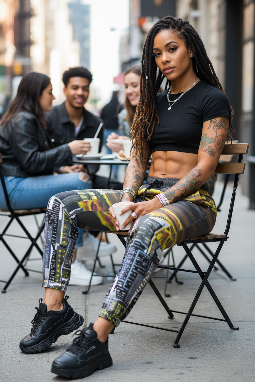 Person sitting on a chair outdoors wearing Loria NYC Art pants in an urban background