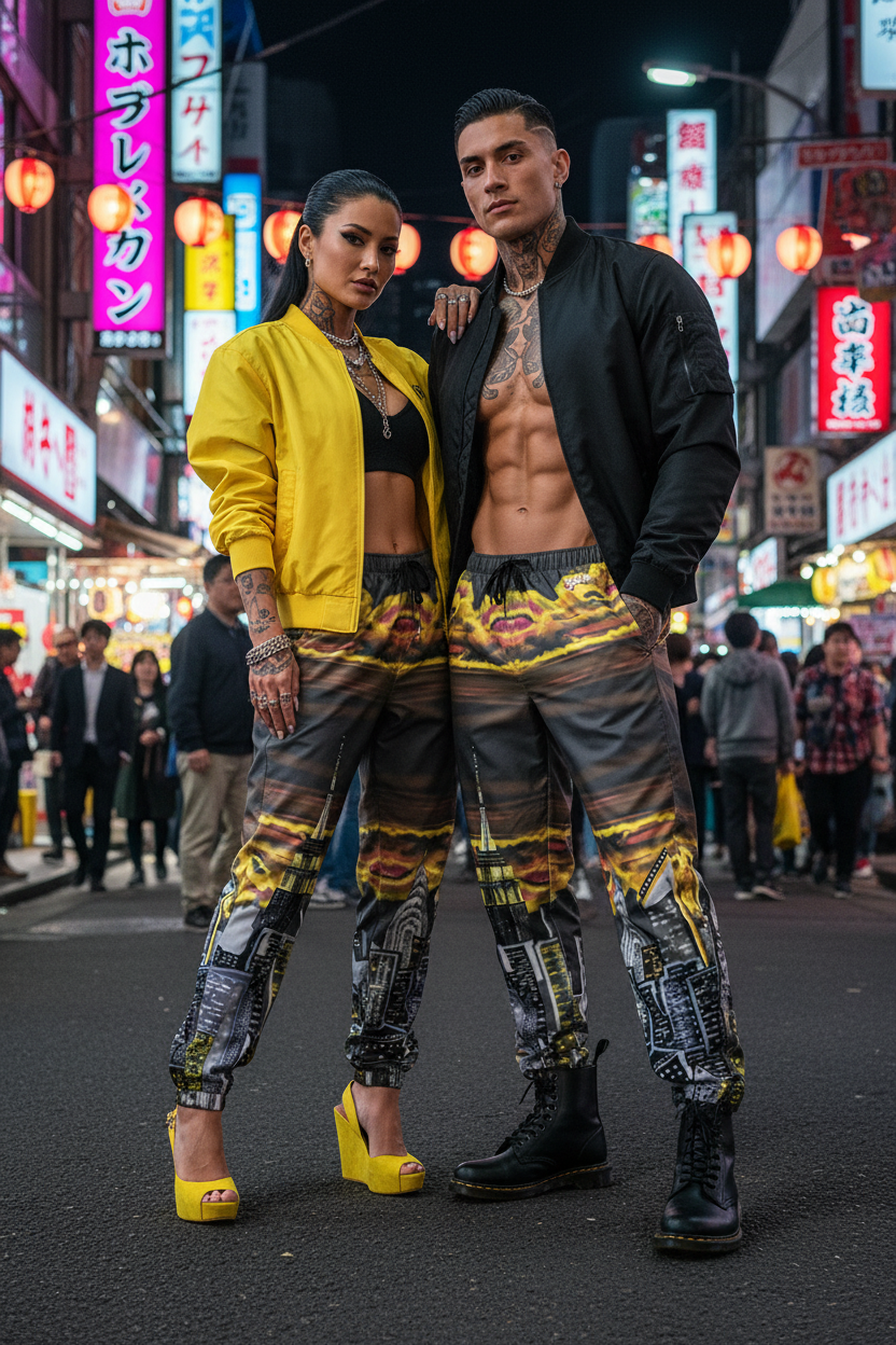 Two people wearing Loria NYC Art track pants posing on a street with neon signs in the background