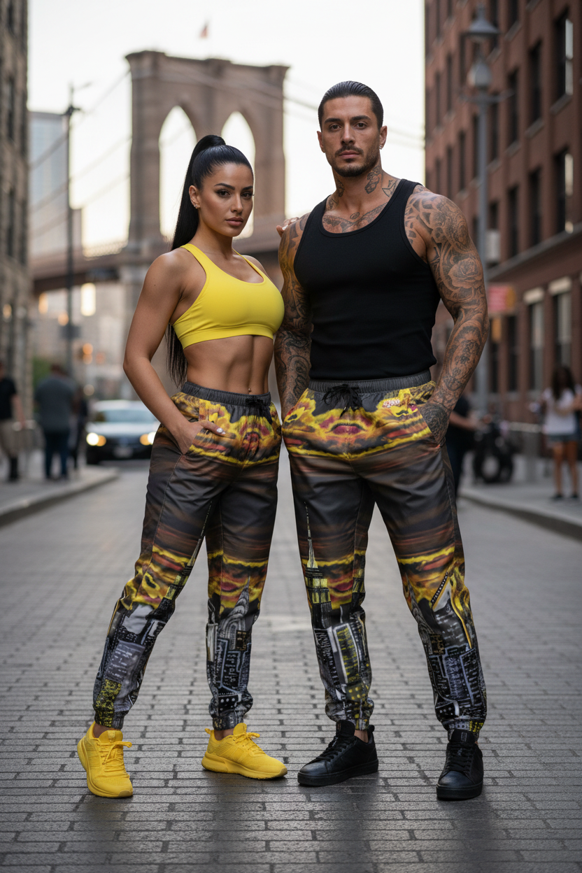 Two people wearing matching Loria NYC Art athletic outfits with a cityscape background