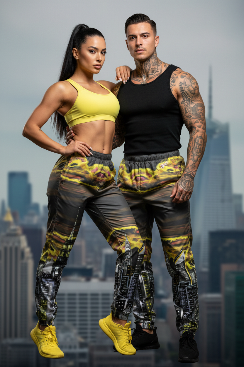 Two people wearing matching Loria NYC Art outfits with a city skyline in the background