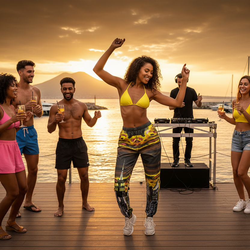 Group of people with female wearing Loria NYC Art pants enjoying a sunset at a dock with drinks.