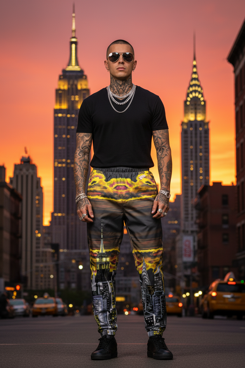 Man with tattoos and colorful Loria NYC Art pants standing in front of a city skyline at sunset.