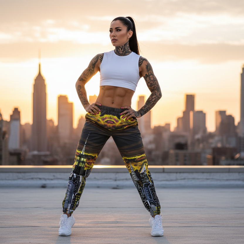Woman in athletic Loria NYC Art track pants standing on a rooftop with a city skyline in the background