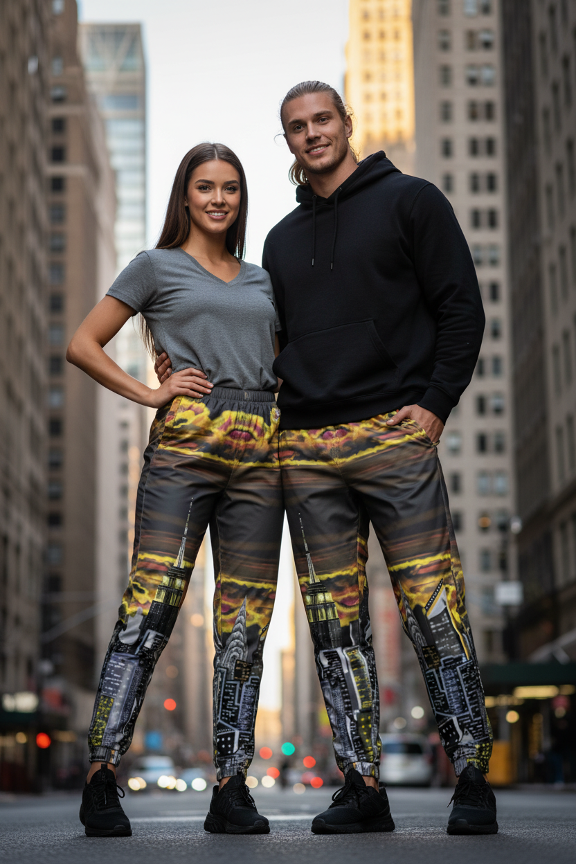 Two wearing colorful Loria NYC Art pants standing on a city street with tall buildings in the background