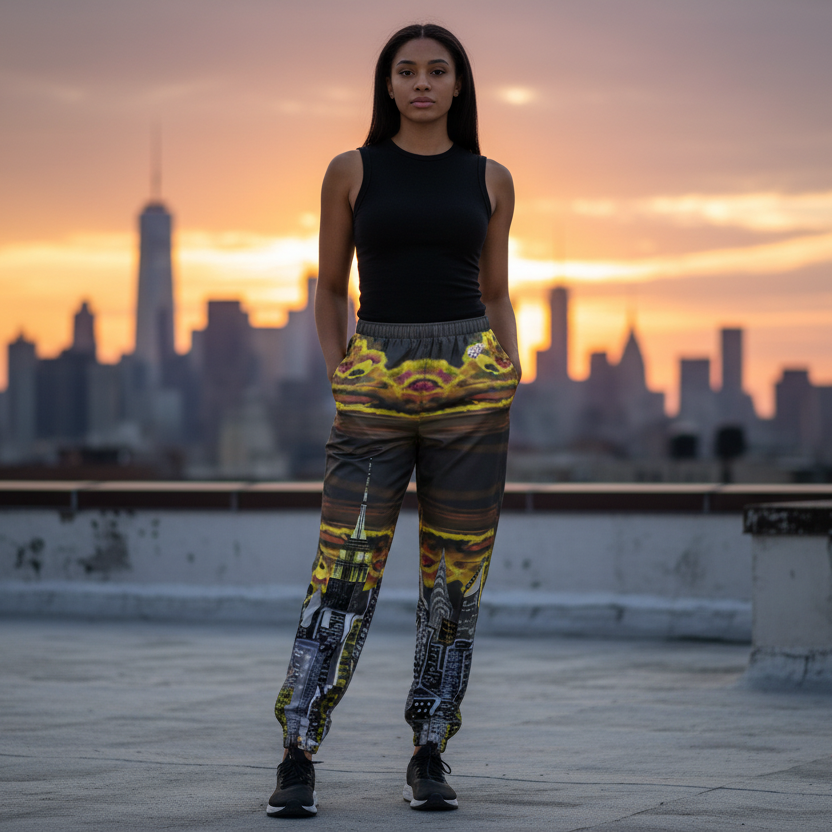 Person wearing Loria NYC Art pants and a black top on a rooftop with a city skyline in the background during sunset.