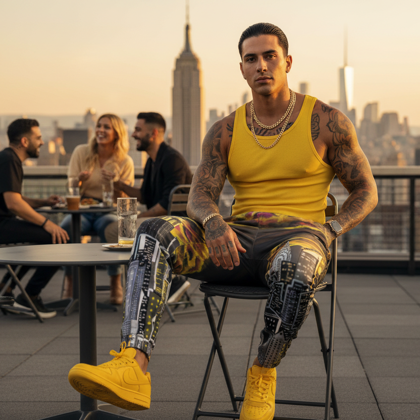 Man in yellow tank top and Loria NYC Art pants sitting on a rooftop with city skyline in the background