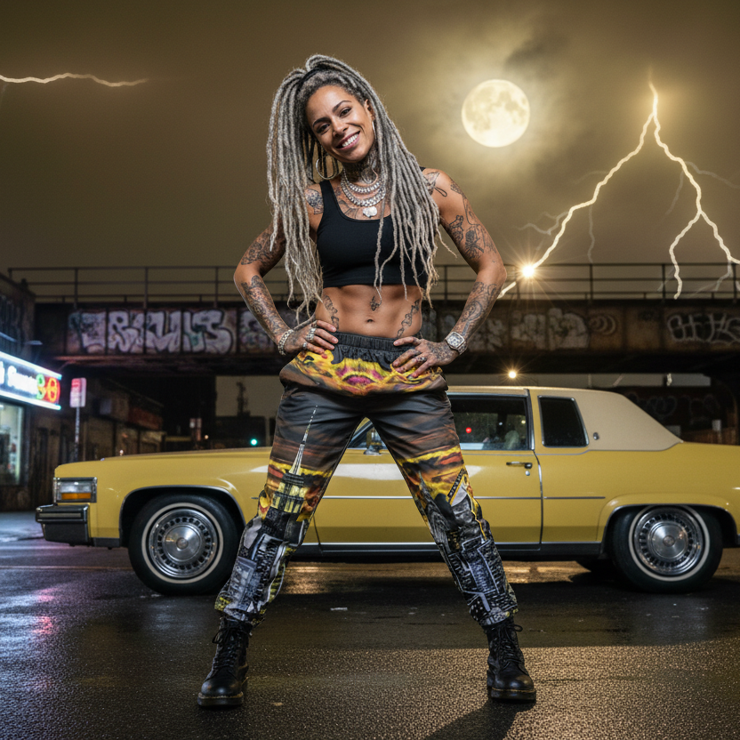 Person with styled hair wearing colorful Loria NYC Art pants in front of a vintage car under a dramatic sky with lightning.