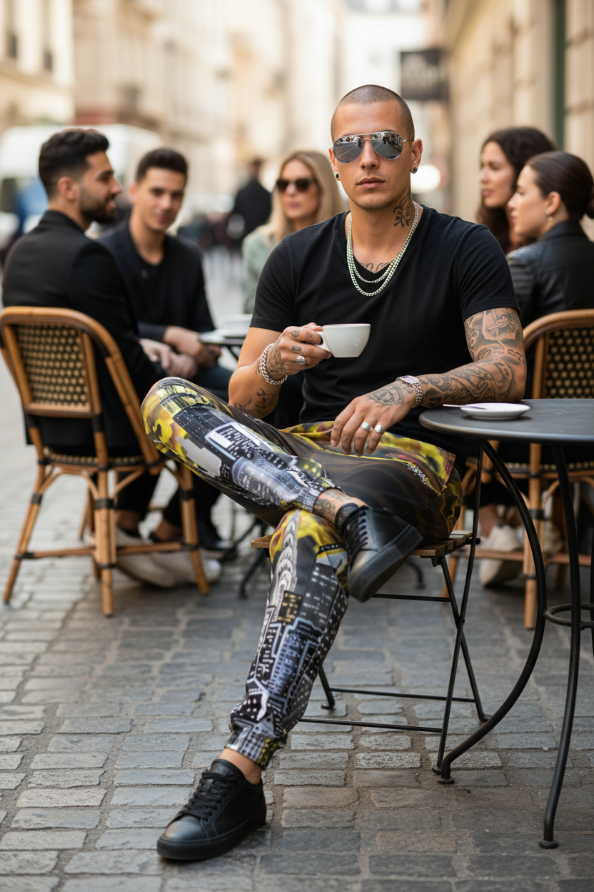 Man sitting at an outdoor cafe holding a coffee cup, wearing a black t-shirt and Loria NYC Art  pants.