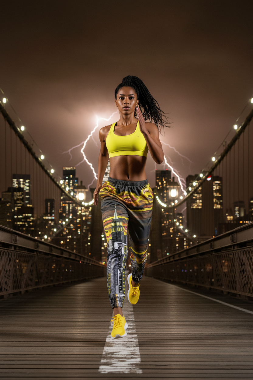 Woman running on a bridge wearing LORIA NYC Art city skyline track pants with lightning in background 