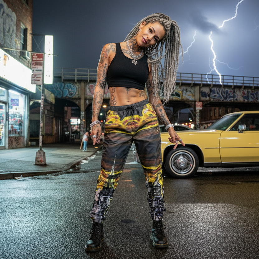 Person wearing Loria NYC Art track pants on a city street with a yellow car and lightning in the background