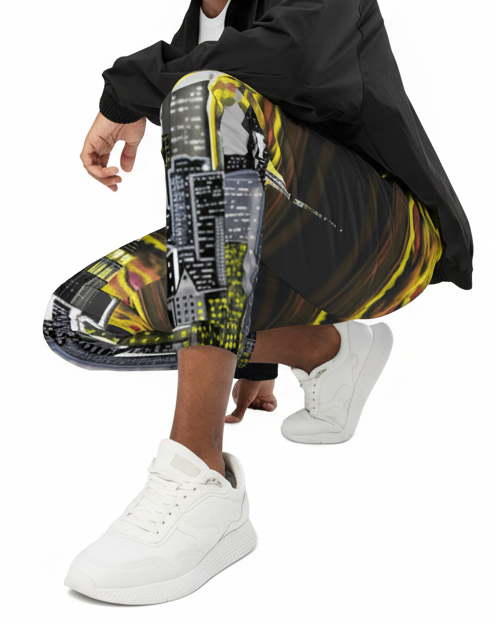 Man wearing a black jacket, colorful Loria NYC Art pants, and white sneakers on a white background