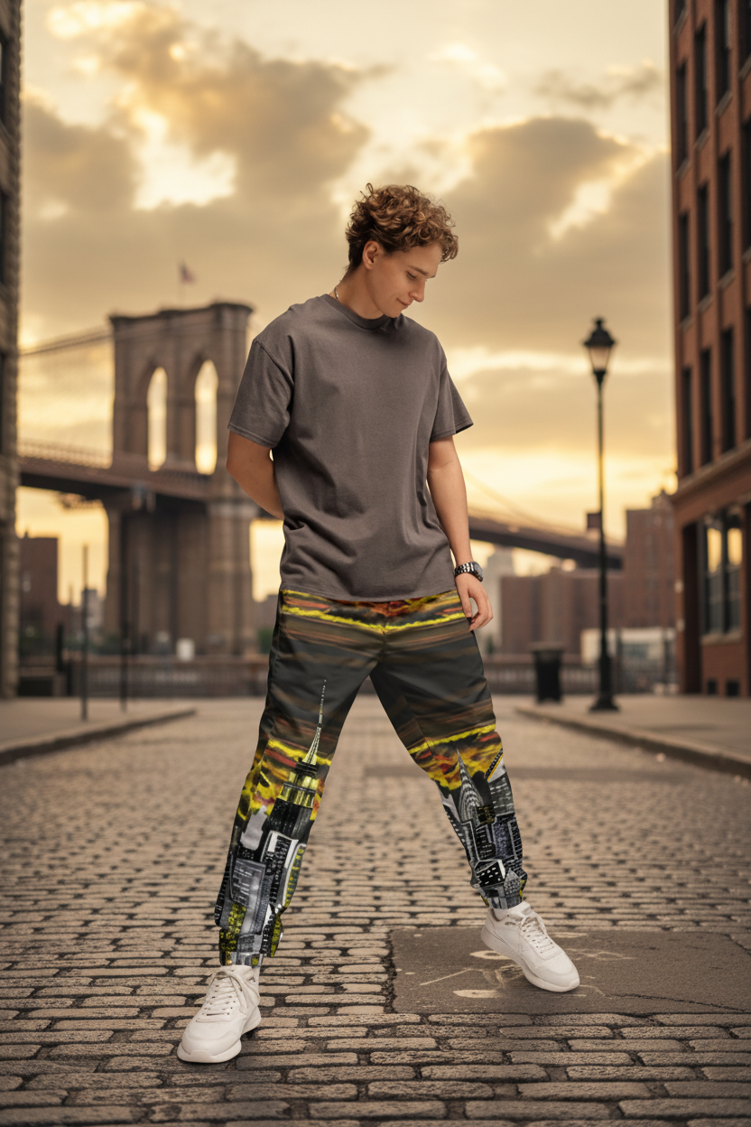 Person wearing a gray t-shirt and patterned Loria NYC Art pants standing against a urban background