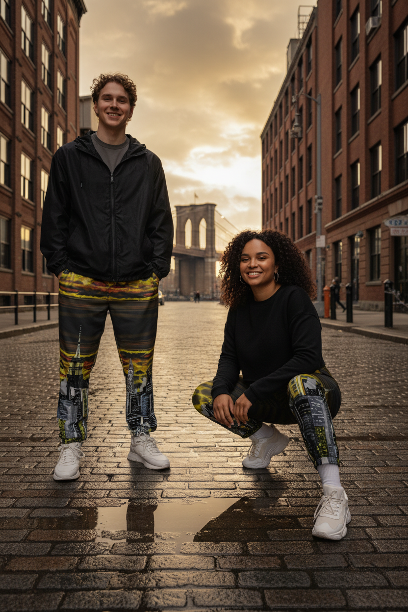 Two people wearing matching outfits with colorful Loria NYC Art pants on a city street.