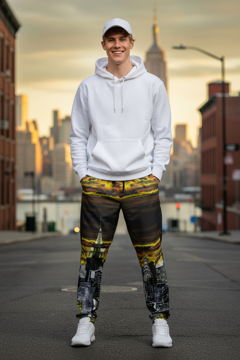 Person wearing a white hoodie and colorful Loria NYC Art pants on a urban background