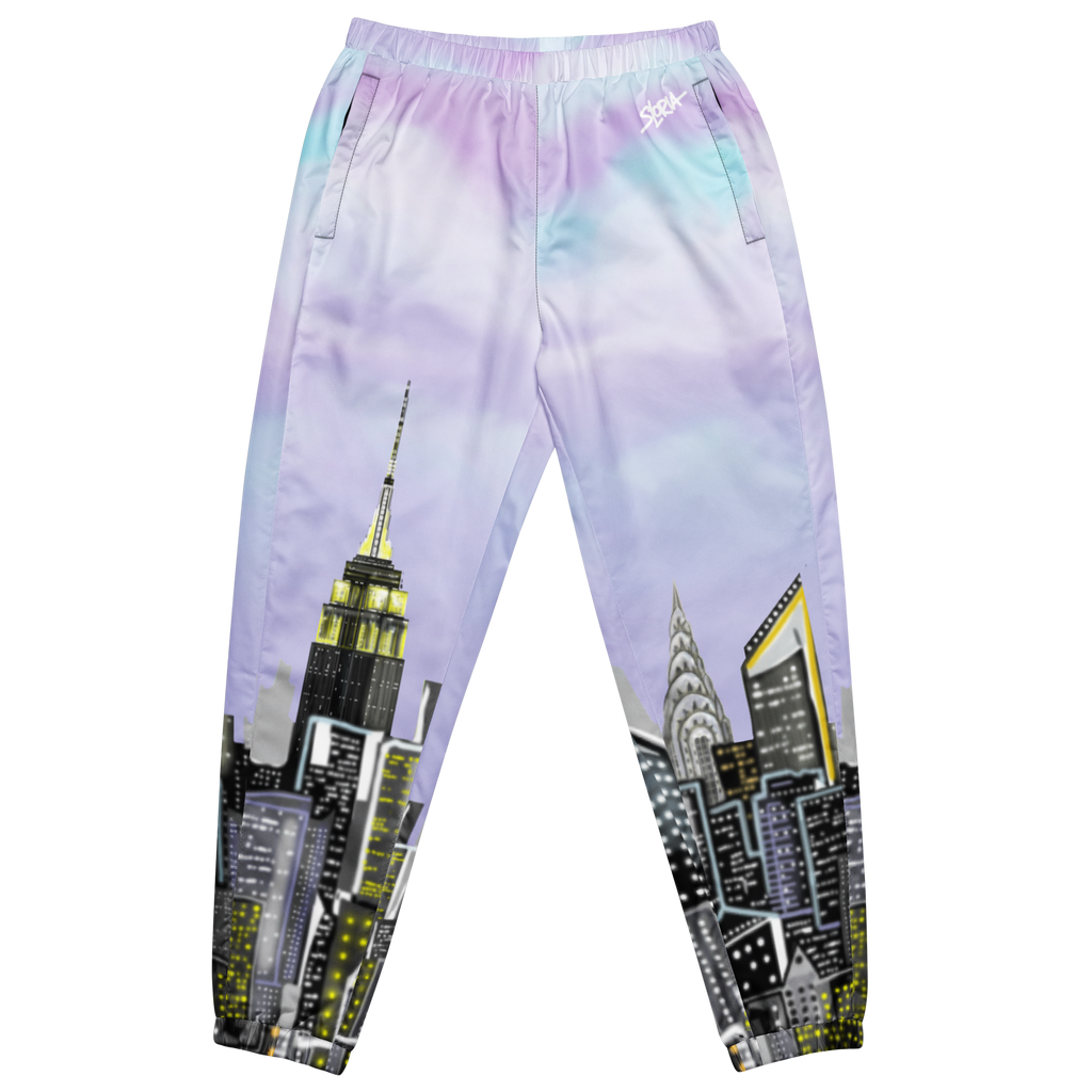 Pants with cityscape Loria NYC Art design on a white background