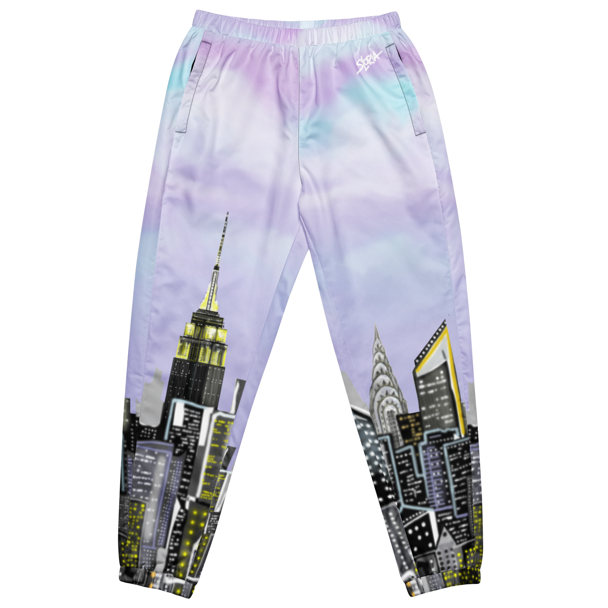 Pants with cityscape Loria NYC Art design on a white background