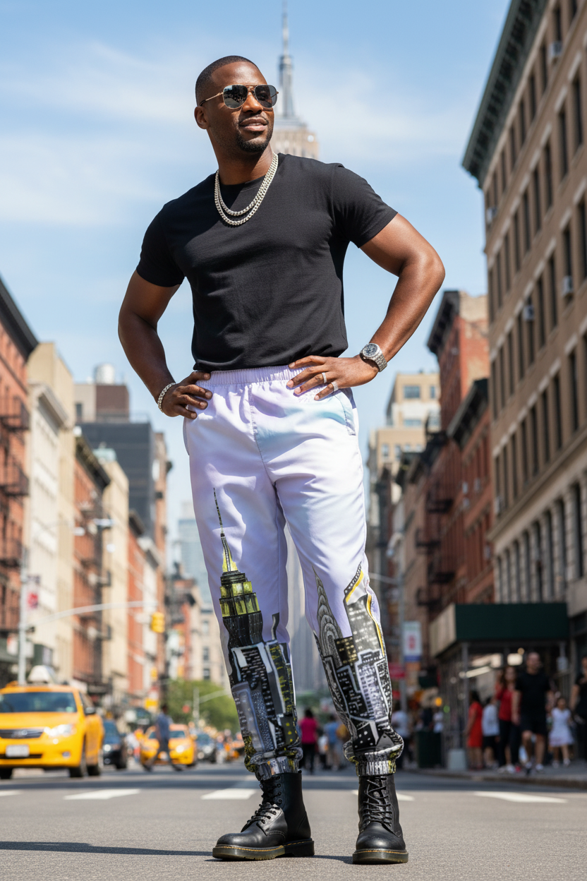 Man in black t-shirt and lavender white Loria NYC Art pants posing legs on a city street.