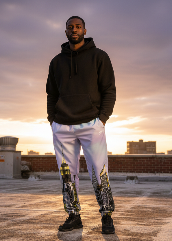 Man standing on a rooftop wearing Loria NYC Art pants with cityscape and sunset in the background