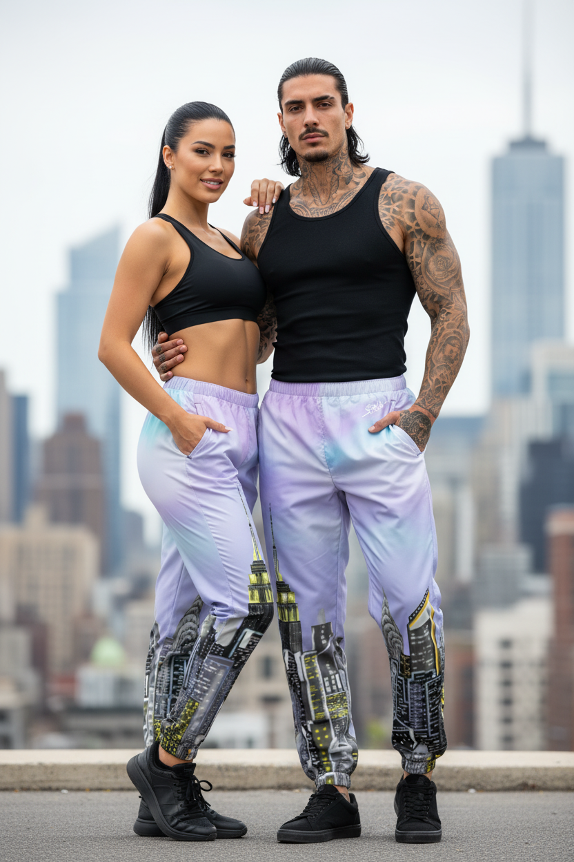 Two people wearing matching outfits with a Loria NYC Art cityscape track pants. 