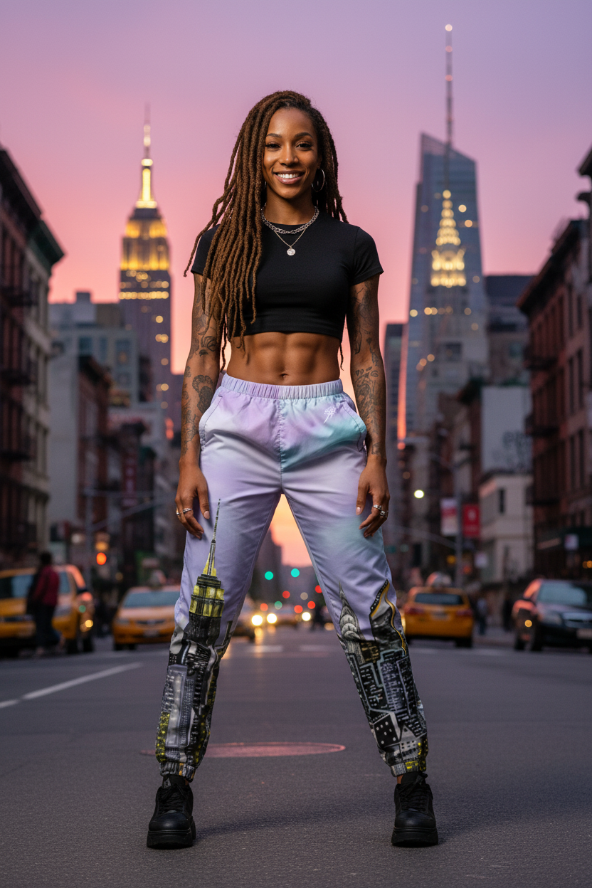 Person wearing Loria NYC Art pants on a city street with a city skyline in the background