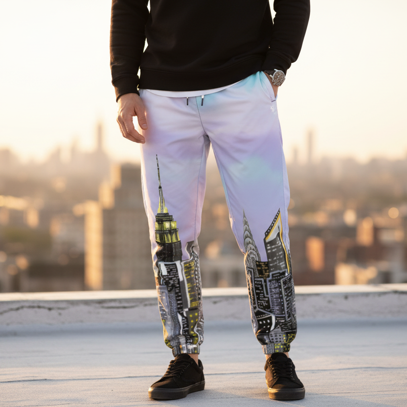 Person wearing Loria NYC Art pants with cityscape background