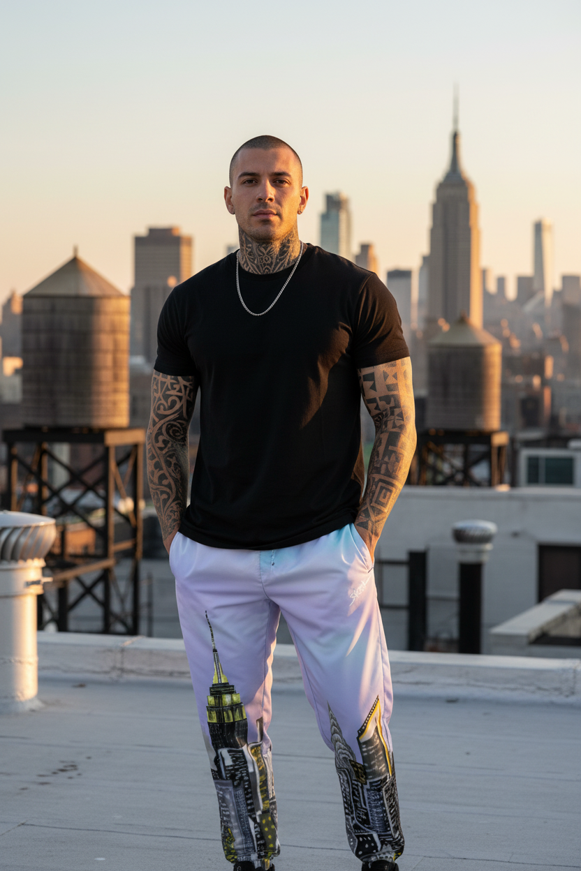 Man with tattoos standing on a rooftop wearing  Loria NYC Art city skyline pants  