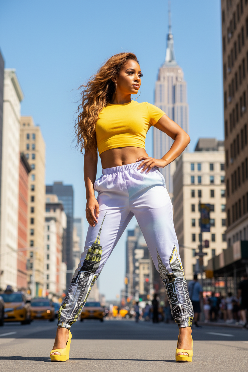 Woman posing in a colorful Loria NYC Art  pants and a black top in an urban setting