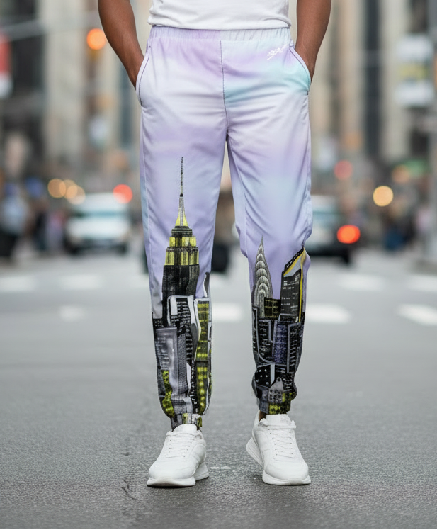 Man wearing a white t-shirt and pants with graphic Loria NYC Art designs on a urban background