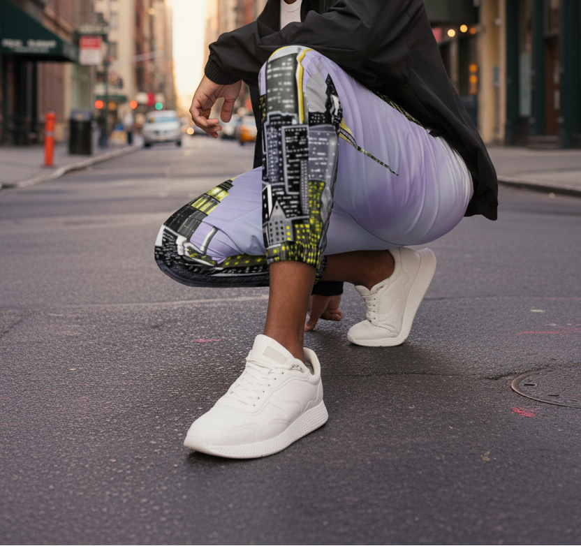 Man wearing a black jacket, Loria NYC Art pants with black and yellow patterns, and white sneakers on a urban background