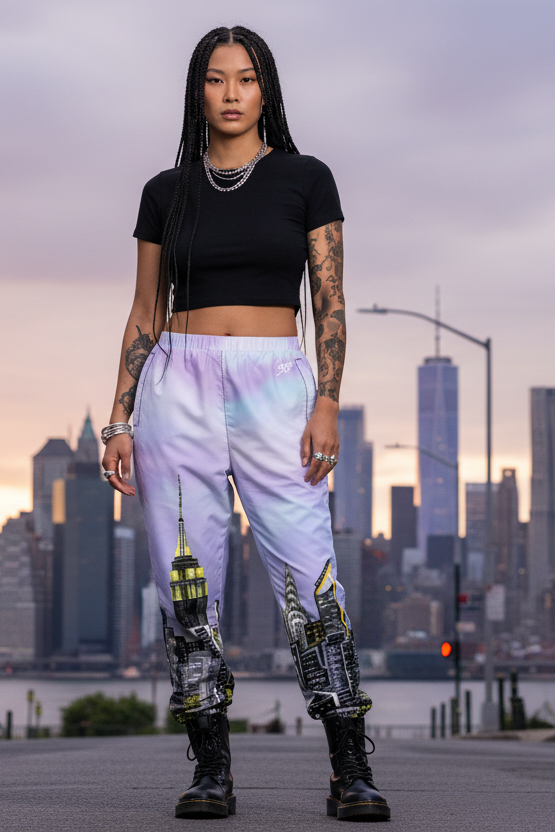 Woman wearing a white crop top and colorful Loria NYC Art pants with cityscape design 