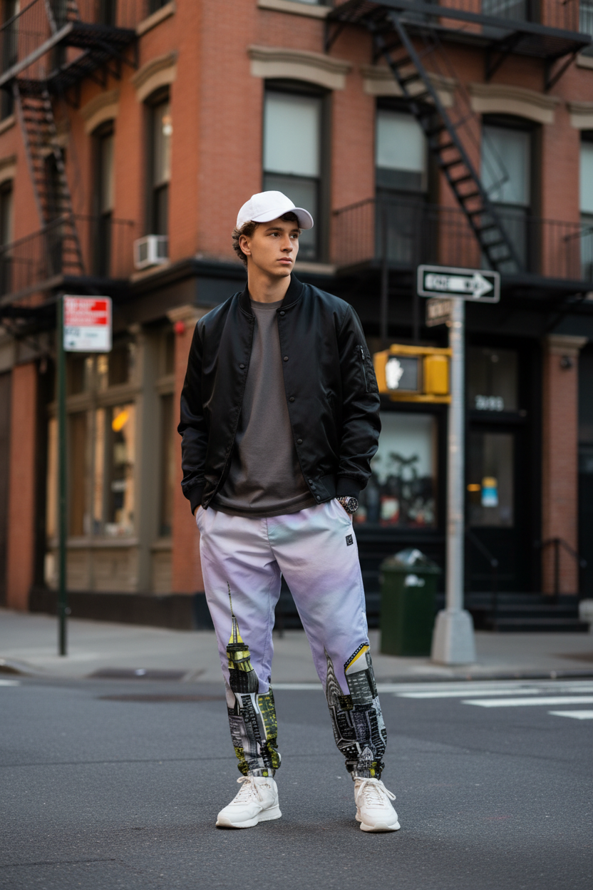 Person wearing a gray t-shirt and light purple Loria NYC Art pants with graphic design, standing against a urban background.