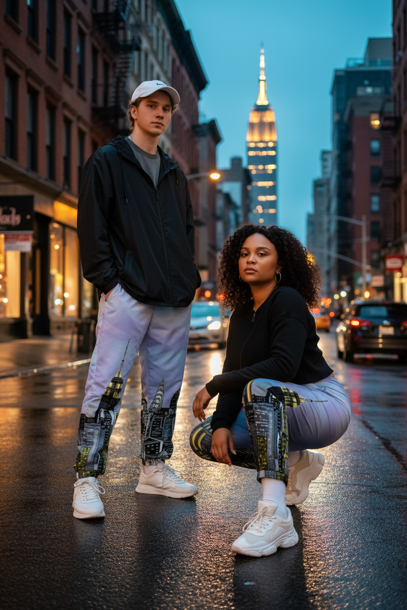 Two people wearing Loria NYC Art colorful pants and black tops in an urban setting.