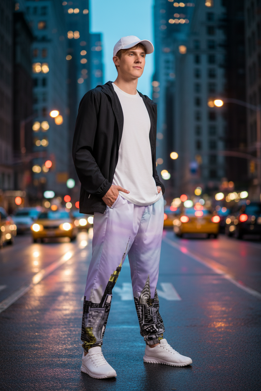 Person wearing colorful Loria NYC Art pants on a urban background