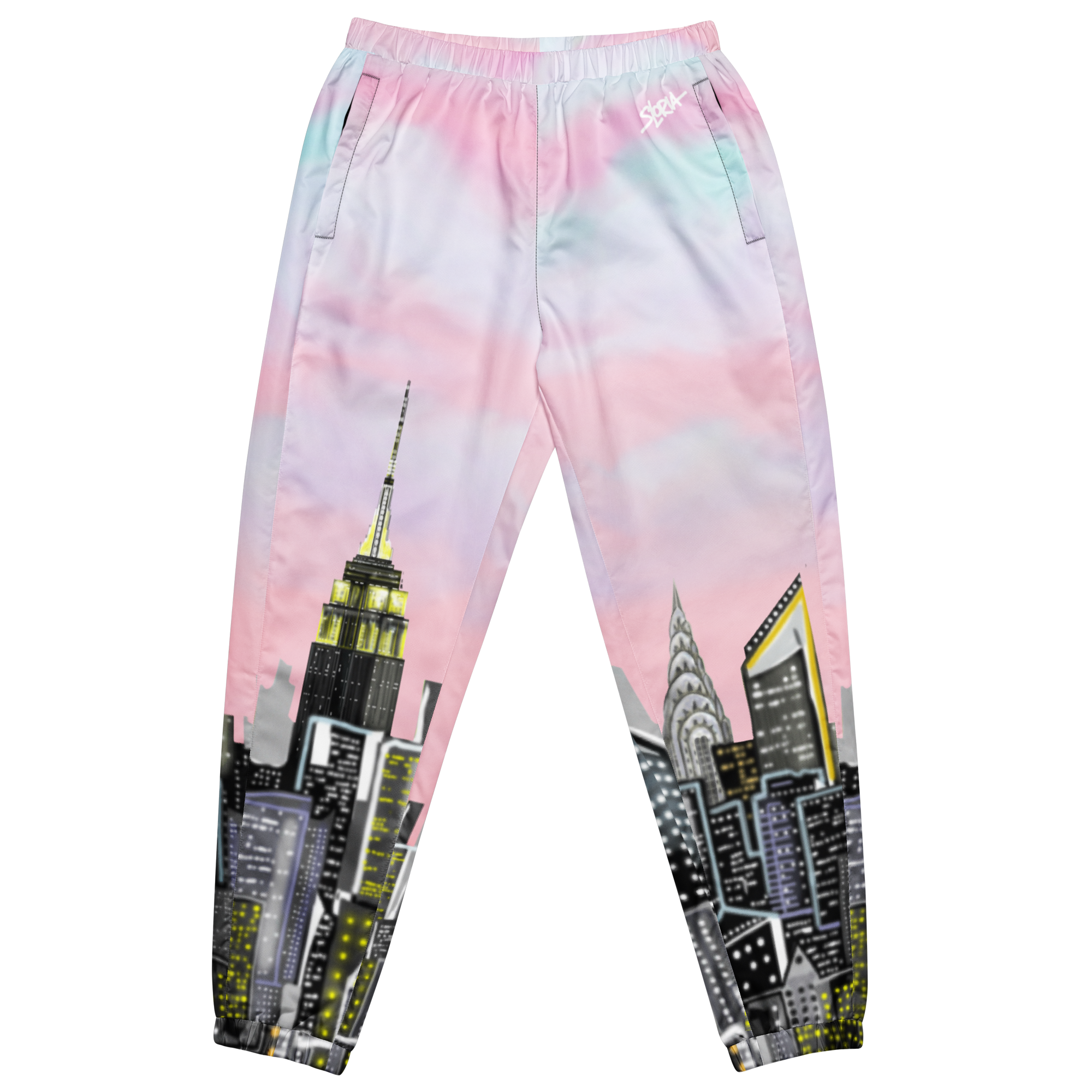 Pants with cityscape Loria NYC Art design on a white background